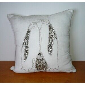 Penguin Family Throw Pillow Beaded Natural w/Silver Sequin 18"x 18" Time & Place